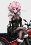  1girl absurdres ashido_mina black_sclera boku_no_hero_academia boots breasts cleavage colored_sclera colored_skin effasempai elbow_gloves fishnets fur_trim gloves highres leather leather_boots leather_gloves messy_hair motor_vehicle motorcycle no_horns pink_hair pink_skin short_hair solo spiked_hair 