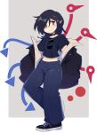  1girl alternate_costume asymmetrical_wings black_footwear black_hair black_jacket black_shirt black_wings blue_pants blue_wings breasts denim full_body highres houjuu_nue jacket jeans kappce medium_hair midriff off_shoulder pants red_eyes shirt short_sleeves small_breasts smile solo sunglasses touhou wings 