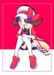  1girl blue_overalls bow brown_eyes brown_hair cabbie_hat closed_mouth collarbone commentary_request framed hat hat_bow highres kamota_(momokomati) knees_together_feet_apart long_hair lyra_(pokemon) overalls pokegear pokemon pokemon_(game) pokemon_hgss red_background red_bow red_footwear red_shirt shirt shoes sitting smile solo thighhighs twintails white_headwear white_legwear yellow_bag 