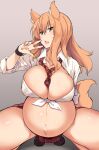  :3 animal_ears between_breasts big_belly breasts cleavage fang fate/extra fate/extra_ccc fate/extra_ccc_fox_tail fate_(series) fox_ears fox_girl fox_tail gradient gradient_background highres huge_breasts kuronyan long_hair miniskirt necktie open_mouth orange_hair outie_navel plaid plaid_necktie plaid_skirt pregnant school_uniform shirt simple_background sketch skirt squatting suzuka_gozen_(fate) tail thighs tied_shirt unbuttoned unbuttoned_shirt v white_shirt yellow_eyes 