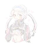  1girl animification apex_legends bi_changjiu_shen_zi_jianmo blush brown_eyes conduit_(apex_legends) cropped_shirt hairband heart highres midriff navel official_alternate_costume open_mouth pink_hair pink_shirt purple_hairband shirt short_hair shrug_(clothing) sketch smile upper_body white_background 