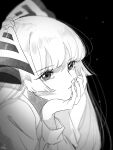  1girl black_background bow closed_mouth commentary expressionless fujiwara_no_mokou greyscale hair_bow hand_on_own_chin highres long_hair long_sleeves looking_at_viewer mokoiscat monochrome portrait shirt signature solo touhou two-tone_bow 