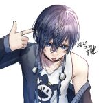  1boy 2024 bishounen black_choker black_nails blue_eyes blue_hair choker dated ear_piercing earrings eva02asuka0608 eyelashes finger_gun finger_gun_to_head hair_between_eyes jack_frost_(megami_tensei) jacket jewelry looking_at_viewer male_focus multiple_earrings multiple_rings nail_polish necklace off_shoulder open_clothes open_jacket persona persona_3 piercing print_shirt ring shirt short_hair solo tank_top tongue tongue_out tongue_piercing upper_body white_background yuuki_makoto_(persona_3) 