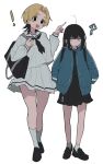  ! 2girls :d ? absurdres ahoge aqua_jacket backpack bag black_eyes black_footwear black_hair black_nails black_serafuku black_skirt blonde_hair earclip earrings fang full_body full_burrrrrrst grey_eyes hands_in_pockets height_difference highres jacket jewelry jitome loafers multicolored_hair multiple_girls open_clothes open_jacket original school_bag school_uniform serafuku shoes simple_background skirt smile socks two-tone_hair walking white_background white_serafuku white_skirt 