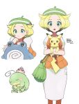  1girl :o bag bianca_(pokemon) blonde_hair dress eneko_(olavcnkrpucl16a) eyelashes green_bag green_eyes green_hat hat holding holding_pokemon igglybuff multiple_views orange_pantyhose orange_vest pantyhose pikachu pokemon pokemon_(creature) pokemon_bw politoed poliwhirl short_hair short_sleeves translation_request vest white_background white_dress 