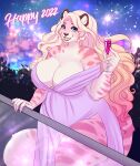  anthro big_breasts blonde_hair breasts cleavage clothed clothing dress felid female hair hi_res mammal pantherine solo spottedtigress thick_thighs tiger 