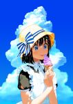  1girl :p apron backlighting bangs black_hair blue_eyes blue_sky blunt_bangs blunt_ends bob_cut bow closed_mouth cloud cloudy_sky dappled_sunlight day eating food frilled_apron frills from_side hair_between_eyes hands_up hat hat_bow hat_ribbon holding holding_food horizontal_stripes ice_cream ice_cream_cone looking_away looking_down maeya_susumu maid maid-san_wa_taberu_dake maid_apron official_art outdoors puffy_short_sleeves puffy_sleeves ribbon shade short_sleeves sky smile soft_serve solo straight_hair striped striped_bow striped_ribbon summer sun_hat sunlight suzume_(maid-san_wa_taberu_dake) tongue tongue_out upper_body white_apron wing_collar 