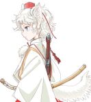  1girl animal_ear_fluff animal_ears blue_eyes commentary_request from_side hat inubashiri_momiji long_sleeves parted_lips pom_pom_(clothes) profile red_hat red_skirt s-a-murai scabbard sheath shirt short_hair skirt solo sword sword_on_back tail tassel tokin_hat touhou weapon weapon_on_back white_background white_hair white_shirt wide_sleeves wolf_ears wolf_tail 
