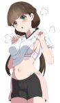  1girl absurdres blush bra breasts brown_hair commentary green_eyes highres lifted_by_self long_hair looking_at_viewer love_live! love_live!_superstar!! low_twintails medium_breasts sakurakoji_kinako shirosaki_(nanokait) solo twintails underwear white_background white_bra 