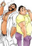  2boys age_difference artist_request back-to-back bara bare_pectorals beard big_belly blush bulge covered_nipples dark-skinned_male dark_skin earphones facial_hair from_side full_beard hairy lab_coat large_pectorals looking_back male_focus mature_male multiple_boys navel navel_hair nipples no_shirt one_eye_closed original pants pectorals shirt short_hair sideburns_stubble smoke sparse_arm_hair sparse_chest_hair standing stomach stubble t-shirt thick_thighs thighs track_pants yaoi 