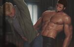  2boys abs bara beard chest_hair chris_redfield dry_humping ethan_winters facial_hair from_side hand_on_another&#039;s_waist humping large_pectorals male_focus mature_male multiple_boys muscular muscular_male navel navel_hair nipples pectorals penguin_frontier resident_evil resident_evil_village reward_available short_hair sideburns stomach sweat topless_male yaoi 