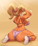 absurd_res activision anthro bandicoot bicep_grab big_breasts big_butt bikini blonde_hair breasts butt clothing coco_bandicoot crash_bandicoot_(series) eyes_closed female flexing footwear fur grin hair hi_res mammal marsupial muscular muscular_anthro muscular_female orange_body orange_fur ponytail rear_view shoes smile solo swimwear thedarkzircon