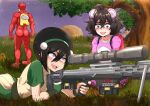  1boy 2girls :d absurdres among_us ass avatar:_the_last_airbender avatar_legends black_hair character_request commentary commission crewmate_(among_us) dress fortnite grass green_dress green_hairband grey_eyes gun hair_between_eyes hairband highres holding holding_gun holding_weapon multiple_girls open_mouth pink_shirt rifle scope sebasdono shirt short_hair short_sleeves smile sniper_rifle toph_bei_fong tree weapon 