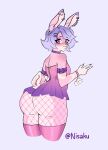  absurd_res anthro bunnytail butt butt_focus femboy hi_res lagomorph leporid male mammal nisaku pink_body purple_body purple_eyes rabbit stokings 