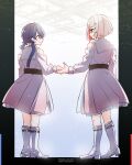  2girls belt black_belt black_choker blue_eyes blue_hair blue_ribbon bob_cut boots choker clothing_cutout colored_inner_hair dark_blue_hair diagonal_bangs dollchestra dream_believers_(love_live!) dress eye_contact full_body hair_ornament hair_ribbon highres holding_hands inverted_bob kanduki_kamibukuro knee_boots link!_like!_love_live! long_hair long_sleeves looking_at_another love_live! low_twintails medium_dress multicolored_hair multiple_girls murano_sayaka pink_dress red_eyes red_hair ribbon short_hair shoulder_cutout standing star_(symbol) star_hair_ornament streaked_hair translation_request twintails virtual_youtuber white_dress white_footwear white_hair yugiri_tsuzuri 