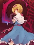  1girl :q alice_margatroid artist_self-insert bangs blonde_hair blue_dress blush bois_de_justice capelet closed_mouth commentary_request cookie_(touhou) dies_irae dress eyebrows_visible_through_hair feet_out_of_frame frilled_capelet frilled_dress frilled_hairband frilled_neckwear frilled_sash frilled_sleeves frills hairband highres hinase_(cookie) hinase_haruka looking_at_viewer looking_back necktie puffy_short_sleeves puffy_sleeves red_background red_eyes red_hairband red_necktie red_sash sash shinza_bansho_series shirt short_hair short_sleeves sleeveless sleeveless_dress smile solo third-party_source tongue tongue_out touhou white_capelet white_shirt 