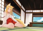  1girl animal_ear_fluff animal_ears ariyoshi_gen asymmetrical_bangs blonde_hair chabudai_(table) closed_mouth flat_chest fox_ears fox_girl fox_tail hakama highres indoors japanese_clothes kimono long_hair long_sleeves looking_at_viewer mountain off_shoulder open_door original shadow shouji single_bare_shoulder sitting sliding_doors smile socks solo sweat table tail tatami wariza white_kimono white_socks yellow_eyes yue-chan 