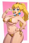  1girl absurdres bikini blonde_hair blue_eyes breasts cleavage crown earrings gold_bikini gold_lips highres jewelry large_breasts lipstick long_hair looking_at_viewer makeup mario_(series) navel open_mouth ponytail princess_peach riz shiny_swimsuit simple_background smile solo swimsuit tagme 