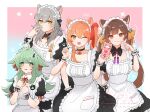  4girls ahoge alternate_costume animal_ears apron black_choker black_dress brown_hair cellphone choker closed_mouth dress enmaided grey_hair guinaifen_(honkai:_star_rail) hair_between_eyes hands_up highres holding holding_phone honkai:_star_rail honkai_(series) huohuo_(honkai:_star_rail) kemonomimi_mode kyoki_(bakat) long_hair looking_at_viewer low_twintails maid maid_apron maid_headdress multiple_girls one_eye_closed open_mouth orange_eyes parted_lips phone scrunchie short_sleeves side_ponytail smartphone smile standing stelle_(honkai:_star_rail) sushang_(honkai:_star_rail) trailblazer_(honkai:_star_rail) twintails white_apron wrist_scrunchie yellow_eyes 