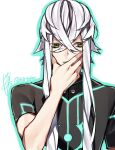  1boy 88_taho asclepius_(fate) crossed_bangs fate/grand_order fate_(series) green_eyes hair_between_eyes long_hair male_focus multicolored_hair shirt simple_background solo white_hair 