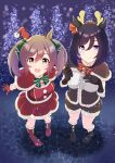  2girls bangs bell black_footwear black_gloves black_hair blue_eyes bob_cut boots bow bowtie brown_capelet brown_eyes brown_hair brown_shorts capelet center_frills christmas closed_mouth dress eishin_flash_(umamusume) fake_antlers frills fur-trimmed_capelet fur-trimmed_dress fur-trimmed_shorts fur_trim gloves green_bow green_bowtie green_ribbon hair_ribbon hat highres horse_girl jingle_bell looking_at_viewer mini_hat mini_santa_hat multiple_girls neck_bell night open_mouth outdoors red_capelet red_dress red_footwear red_gloves red_headwear ribbon santa_boots santa_dress santa_gloves santa_hat shiromaru_illust shirt short_dress shorts side-by-side smart_falcon_(umamusume) smile snowing standing star_(symbol) stone_floor swept_bangs tree twintails umamusume white_shirt 