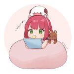  1girl 7mb_yut :p animal_ears annie_(league_of_legends) brown_background cat_ears fake_animal_ears food food_in_mouth green_eyes grey_background hairband holding horns league_of_legends medium_hair mouth_hold pillow pink_hairband poro_(league_of_legends) red_hair short_sleeves stuffed_animal stuffed_toy teddy_bear tibbers tongue tongue_out 