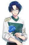  1boy a3! artist_name black_hair blue_eyes blue_flower flower highres holding holding_flower long_sleeves looking_at_viewer parted_bangs short_hair solo standing taka_banyaaa tsukioka_tsumugi white_background 