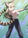  1girl absurdres animal_ears back cat_ears cat_girl cat_tail elbow_gloves extra_ears gloves green_background green_eyes grey_hair highres jungle_cat_(kemono_friends) kemono_friends kemono_friends_v_project long_hair looking_at_viewer looking_back pants rest_in_muni ribbon simple_background solo tail tank_top virtual_youtuber 