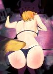  1girl alternate_costume animal_ears animal_hat ass back bikini black_bikini blonde_hair blush breasts feet_out_of_frame fox_ears fox_girl fox_tail from_behind hat highres large_breasts looking_at_viewer looking_back mob_cap on_table semotaretare short_hair solo spanked sweat swimsuit table tail touhou yakumo_ran 