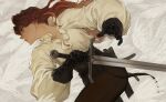  belt bird bird_wings blue_eyes brown_pants frown gloves highres holding holding_sword holding_weapon lene_(morry) long_hair looking_to_the_side morry original pants puffy_sleeves red_hair scabbard sheath sword weapon white_background wings 