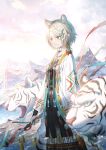  1girl absurdres animal_ears aqua_eyes cloud earrings fantasy highres holding holding_polearm holding_weapon jewelry mountain nengajou new_year open_mouth original pointy_ears polearm sho_(sumika) smile solo standing tiger weapon white_tiger 