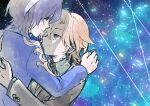  2boys aventurine_(honkai:_star_rail) blonde_hair blue_hair dr._ratio_(honkai:_star_rail) earrings highres honkai:_star_rail honkai_(series) hug jewelry looking_at_another male_focus multicolored_background multiple_boys neck_tattoo r2it_re short_hair smile suit tattoo yaoi 