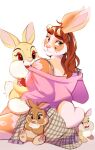  2023 :3 ahoge anthro bambi_(film) biped bottomwear clothed clothing disney female fer_(ferwanwan) ferwanwan hair heart_tail hi_res inanimate_object lagomorph leporid looking_back mammal miss_bunny plushie rabbit simple_background sitting skirt smile solo sweater tail topwear white_background 