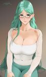  1girl blush breasts cleavage fire_emblem fire_emblem:_three_houses glasses green_eyes green_hair highres large_breasts long_hair long_sleeves looking_at_viewer pants parted_bangs pointy_ears rhea_(fire_emblem) sendo_(sendrawz) solo very_long_hair yoga_pants 