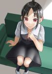  bad_id bad_pixiv_id bangs black_hair blush couch eyebrows_behind_hair forehead hair_ribbon hand_on_own_chest highres kaguya-sama_wa_kokurasetai_~tensai-tachi_no_renai_zunousen~ looking_at_viewer plu_xx red_eyes ribbon school_uniform shinomiya_kaguya short_sleeves sitting smile socks white_background 