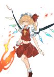  absurdres ascot blonde_hair fire flaming_sword flaming_weapon flandre_scarlet full_body highres kakaricho_dairi mary_janes midriff navel red_eyes red_skirt shoes side_ponytail simple_background skirt touhou white_background white_mob_cap wrist_cuffs yellow_ascot 