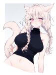  animal_ears blush braid breasts cat_ears cat_girl cat_tail cropped_torso facial_mark final_fantasy final_fantasy_xiv halterneck highres large_breasts long_hair looking_at_viewer miqo&#039;te navel red_eyes sana_(sanamaru_0w0) slit_pupils tail twin_braids warrior_of_light_(ff14) white_hair 