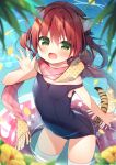  1girl :d animal_ear_fluff animal_ears bangs bare_arms bare_shoulders black_swimsuit blue_bow blurry blurry_foreground blush bow chinese_zodiac commentary_request depth_of_field eyebrows_visible_through_hair fang flower fringe_trim green_eyes hair_between_eyes hair_bow hanamiya_natsuka hand_up innertube kemonomimi_mode long_hair old_school_swimsuit one-piece_swimsuit original petals pink_scarf plaid plaid_scarf polka_dot polka_dot_scarf red_hair scarf school_swimsuit smile solo standing strap_slip swimsuit tail thighhighs tiger_ears tiger_girl tiger_tail twintails wading water white_legwear year_of_the_tiger yellow_flower yellow_scarf 