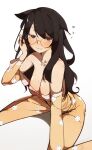  1girl :3 absurdres animal_ears animal_print bakemonogatari bare_shoulders black_hair breasts cat_ears cat_girl cat_print cleavage collarbone commentary deko_morii glasses hanekawa_tsubasa highres large_breasts long_hair looking_at_viewer monogatari_(series) off_shoulder pajamas print_pajamas purple_eyes sitting smile solo 