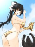  1girl alternate_costume ass azur_lane bikini black_hair blue_sky breasts cloud godzilla godzilla_(minus_one) godzilla_(series) godzilla_minus_one gold_bikini hair_flaps hair_ribbon highres ibuki_(tulta_icon) kaijuu long_hair looking_at_viewer ponytail ribbon sky solo swimsuit takao_(azur_lane) white_ribbon yellow_eyes 