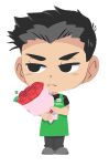  1boy ao_isami apron big_head black_hair black_shirt bonjore_bonbon bouquet character_name chibi frown green_apron grey_footwear grey_pants highres holding holding_bouquet looking_at_viewer looking_to_the_side male_focus pants shirt short_hair simple_background solo standing thick_eyebrows v-shaped_eyebrows white_background yuuki_bakuhatsu_bang_bravern 