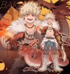  1boy abs bakugou_katsuki belt blue_pants boku_no_hero_academia boots brown_belt brown_gloves capelet character_name commentary_request dinger47 dragon earrings english_text fur_capelet gloves highres holding holding_sword holding_weapon jewelry looking_at_viewer male_focus necklace no_shirt open_mouth pants red_capelet red_eyes shark_tooth single_glove solo spiked_hair sword tooth_necklace weapon white_footwear white_hair 