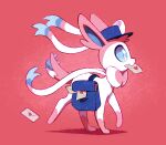  blue_eyes blue_fur blue_hat clothed_pokemon dawnf1re from_side hat highres holding holding_letter letter love_letter mailbag mouth_hold multicolored_fur no_humans pink_fur pokemon pokemon_(creature) red_background solo sylveon valentine white_fur 