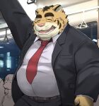  00murice 2024 anthro belly big_belly bottomwear clothing eyes_closed eyewear felid glasses group kemono male mammal necktie open_mouth overweight overweight_male pantherine pants pink_nose shirt solo_focus tiger topwear 