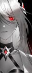  1girl acheron_(honkai:_star_rail) ain11131 black_background black_choker bright_pupils choker collarbone commentary_request criss-cross_halter glowing glowing_eye gradient_background greyscale_with_colored_background hair_ornament halterneck highres honkai:_star_rail honkai_(series) jacket korean_commentary looking_at_viewer parted_lips red_background red_eyes shade solo spot_color white_hair white_jacket white_pupils 