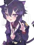  1girl animal_ears belt black_belt black_hat blue_archive blush cat_ears cat_girl cat_tail fang hands_up haruka_(blue_archive) hat jacket long_sleeves looking_at_viewer mememe_613 open_mouth purple_eyes purple_hair purple_jacket short_hair_with_long_locks simple_background sketch skin_fang solo speech_bubble tail tearing_up translation_request white_background 