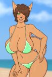  2023 anthro beach big_breasts bikini breasts brown_body brown_hair cleavage clothed clothing female fior_(jimmuarts) hair hand_on_hip hi_res jimmuarts kanoa_(jimmuarts) looking_at_viewer solo swimwear 