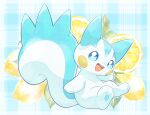  blue_background blue_fur blush_stickers em_ivy_akippoi food fruit lemon lemon_slice no_humans open_mouth pachirisu plaid plaid_background pokemon pokemon_(creature) solo tail teeth two-tone_fur upper_teeth_only white_fur 