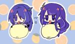  2girls acheron_(honkai:_star_rail) chibi chibi_only commentary_request company_connection food fruit genshin_impact hair_ornament hair_over_one_eye holding holding_food holding_fruit honkai:_star_rail honkai_(series) leaf lemon lemon_slice licking long_hair multicolored_hair multiple_girls nekokuro_(geja5355) purple_eyes purple_hair raiden_shogun sawashiro_miyuki streaked_hair tongue translated voice_actor 