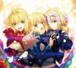  3girls ahoge armor artoria_pendragon_(fate) blonde_hair blue_dress blue_eyes braid breasts chain cleavage dress epaulettes fate/apocrypha fate/extra fate/extra_ccc fate/grand_order fate/hollow_ataraxia fate/stay_night fate/unlimited_codes fate/zero fate_(series) french_braid glowing glowing_petals green_eyes hair_between_eyes hair_intakes hair_ribbon headpiece highres interlocked_fingers jeanne_d&#039;arc_(fate) jeanne_d&#039;arc_(ruler)_(fate) juliet_sleeves large_breasts long_hair long_sleeves looking_at_viewer medium_breasts multiple_girls nero_claudius_(fate) nero_claudius_(fate/extra) official_art open_mouth petals puffy_sleeves rainbow red_dress ribbon saber_(fate) single_braid smile sparkle takeuchi_takashi very_long_hair 